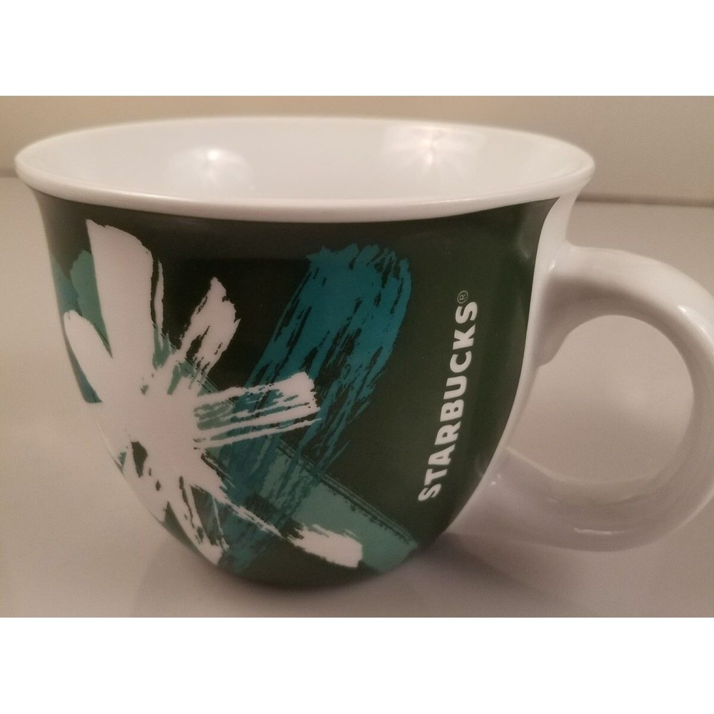 Starbucks Abstract Art Coffee Mug Cup 2014 Green White Teal Flower 14 oz‎ Coffee